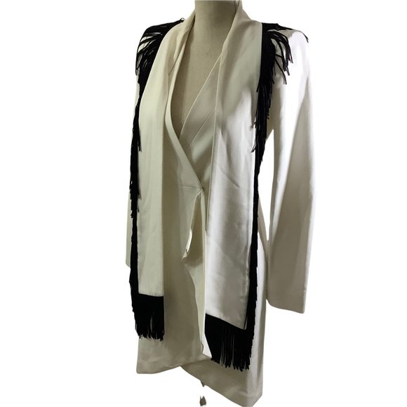 BCBGMAXAZRIA Off-White Paola Tassels Trim Blazer Long Size XXS - Picture 4 of 15